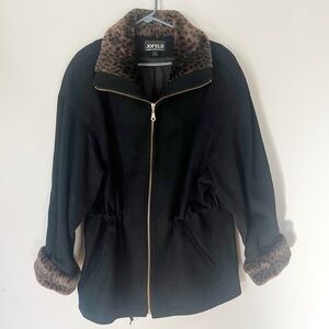 Jofeld Black Wool Blend Coat Faux Fur Leopard Print Collar Cuffs Cinch Anorak L